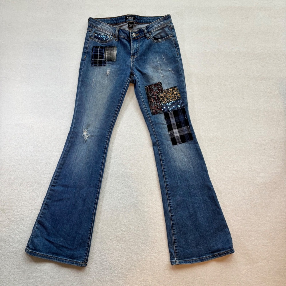 Allen B. Patchwork Flare Jeans Women 6 Blue‎ Sequin Distressed Boho Denim